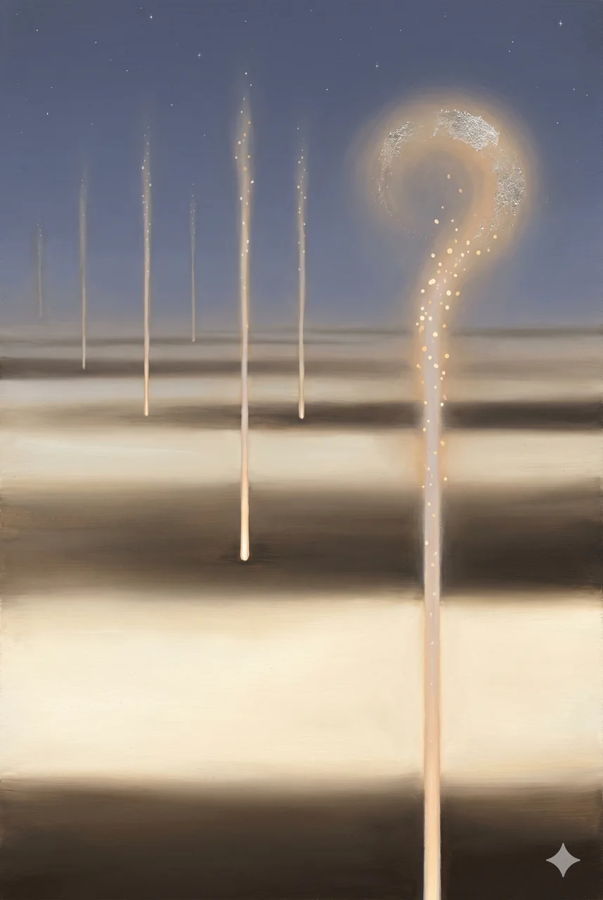 Vertical composition of seven soul trajectories arcing forward from the deep distance of time toward a single point on an Earth silhouette, with six trajectories receding into the far background and one in the foreground dissipating into pale light, set against a deep midnight indigo backdrop