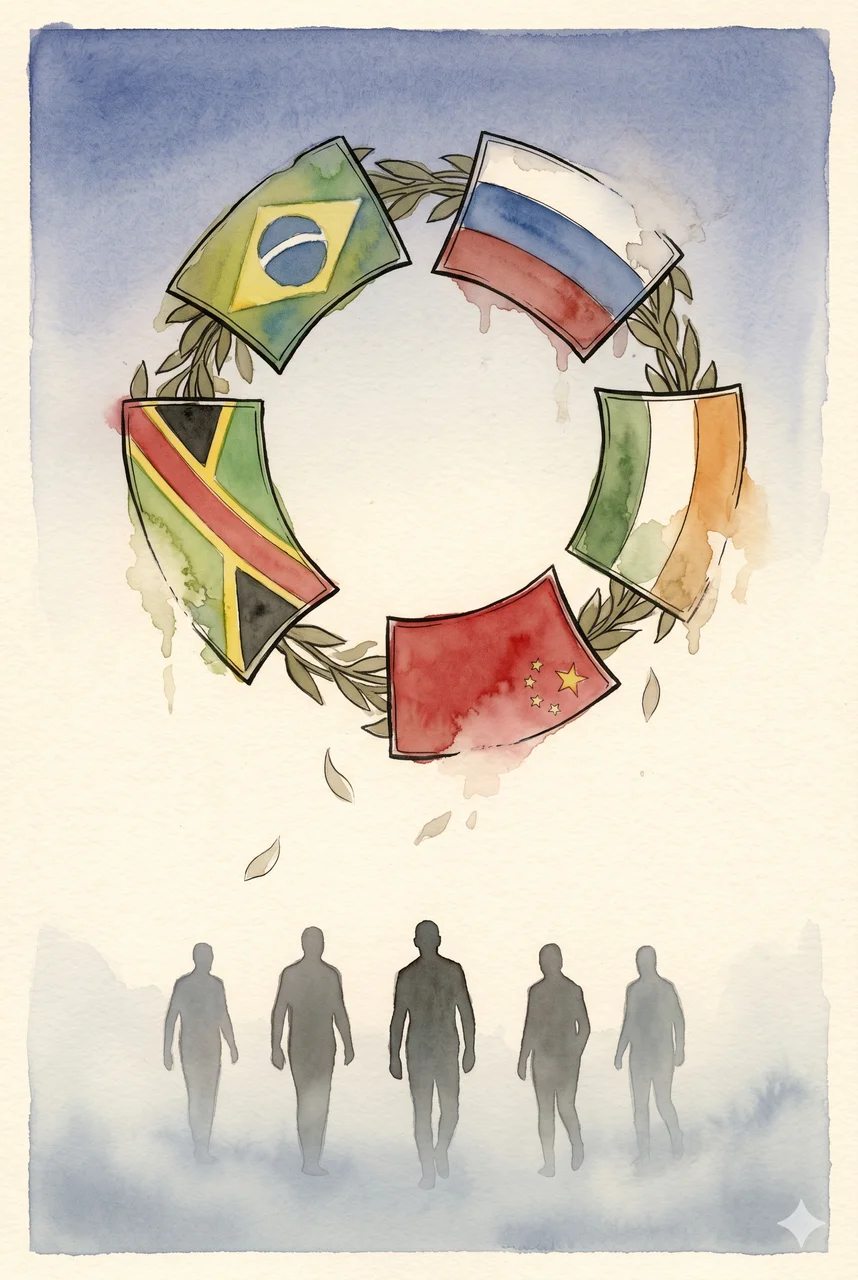 Vertical composition of a wilting wreath formed by the five BRICS national flags woven together against a deep midnight indigo sky, the floral edges browning and falling apart, with three small receding silhouettes of distant figures fading toward the lower horizon, suggesting candidate nations turning away from the alliance