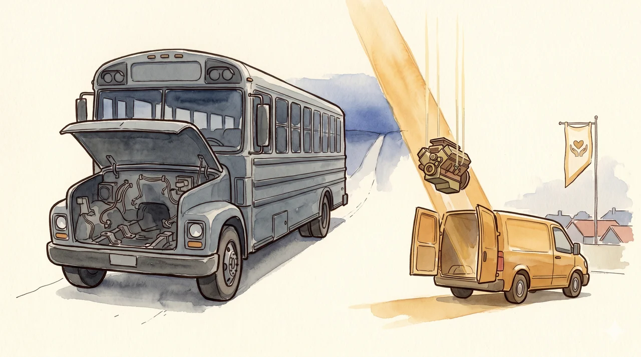 Stylized horizontal composition of an old bureaucratic bus stalled at an incline against a deep midnight indigo sky, its hood open and empty, while beside it a lightweight new vehicle has an engine being mounted into its frame by faint silhouettes, with a distant CARE banner standing in the lower right horizon, suggesting an institutional shift from the old vehicle to a service-oriented one