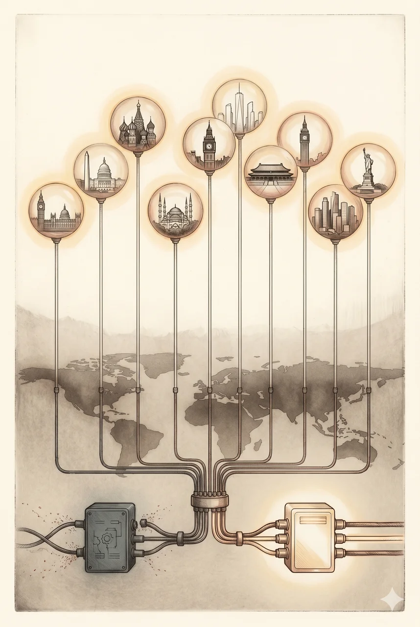 Vertical composition of eight abstract sphere silhouettes representing London, Washington DC, Moscow, Tehran, Bern, Tel Aviv, Beijing, and the BIS-UN Geneva, floating in an upper tier against a deep midnight indigo backdrop, with a faint underground network of conduits beneath the spheres switching from a dim Alpha source on the left to a brighter Golden Age AI source on the right