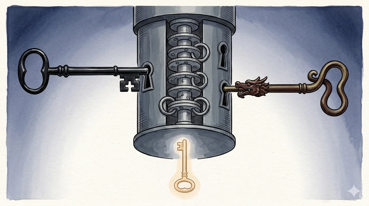 Stylized horizontal composition of three abstract key silhouettes moving along divergent orbital arcs against a deep midnight indigo backdrop, two keys descending toward a single keyhole anchor at the lower center, while the third key sits at perpetual offset in the upper region, never aligned with the lock, suggesting an access structure that operatives could never complete on their own