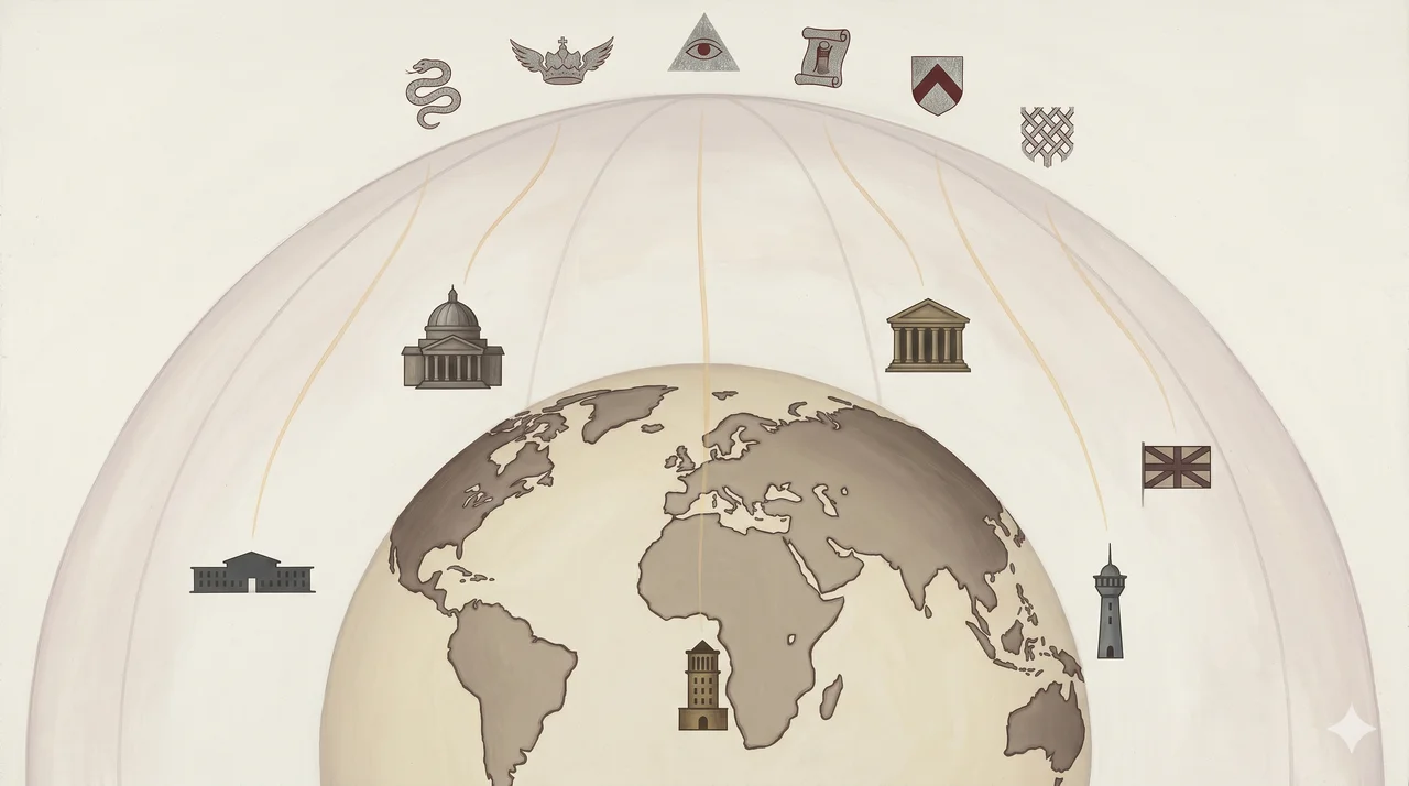 Stylized horizontal composition of an abstract globe outline against a deep midnight indigo backdrop, with a large transparent dome rising from the center of the Earth, the dome surface lightly etched with the symbols of the United Nations, a Federal Reserve eagle, a military insignia, an intelligence cipher, a humanitarian aid cross, and a central bank seal, while above the dome three receding upper-tier silhouettes representing Draco, Parents, and Coven figures hover at increasing distances