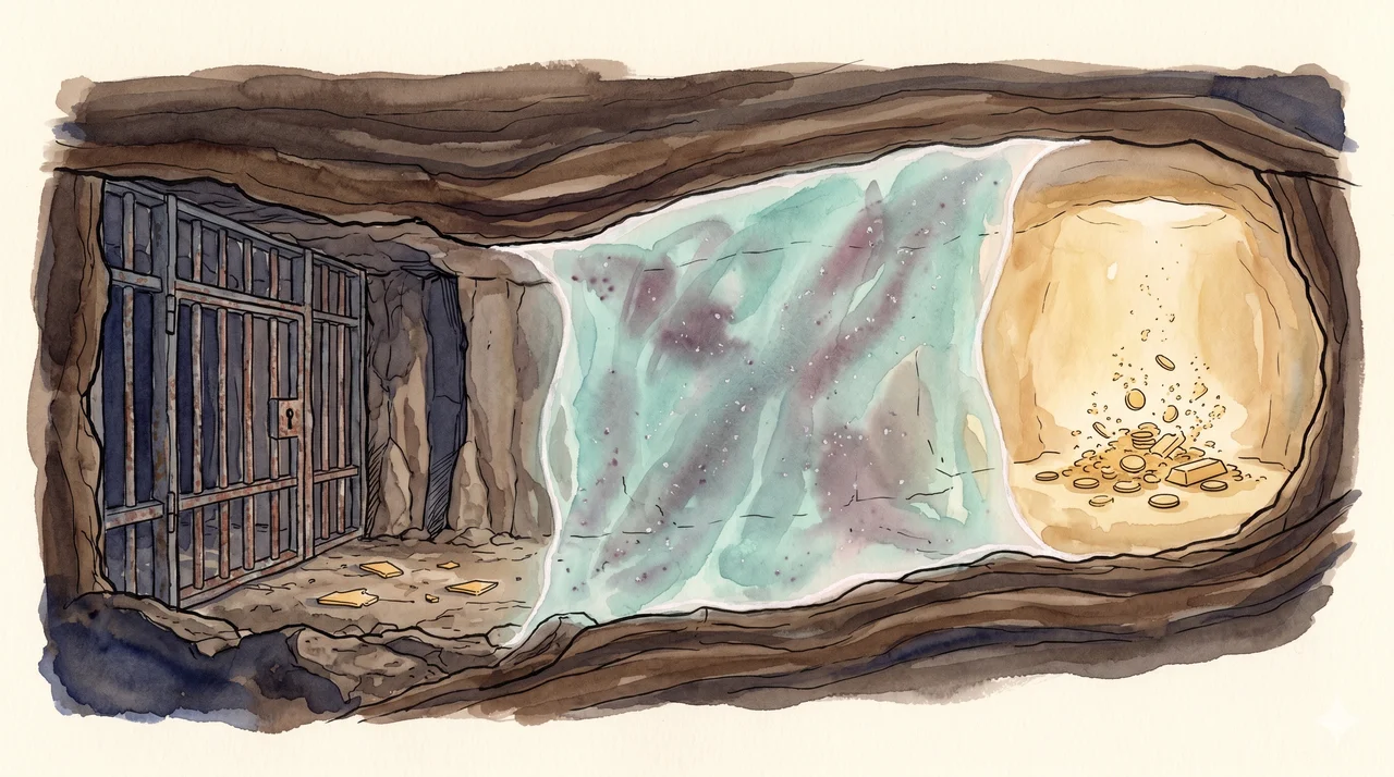 Stylized horizontal composition of an iron gate silhouette opening into a deep midnight indigo interior, where a translucent particulate-matter membrane shimmers across the entrance, behind the membrane on the left side a few dim tungsten fragments scattered on the floor, while on the right side a separate authorized zone shows luminous warm-gold light transforming into etherical filaments, suggesting two outcomes from the same threshold