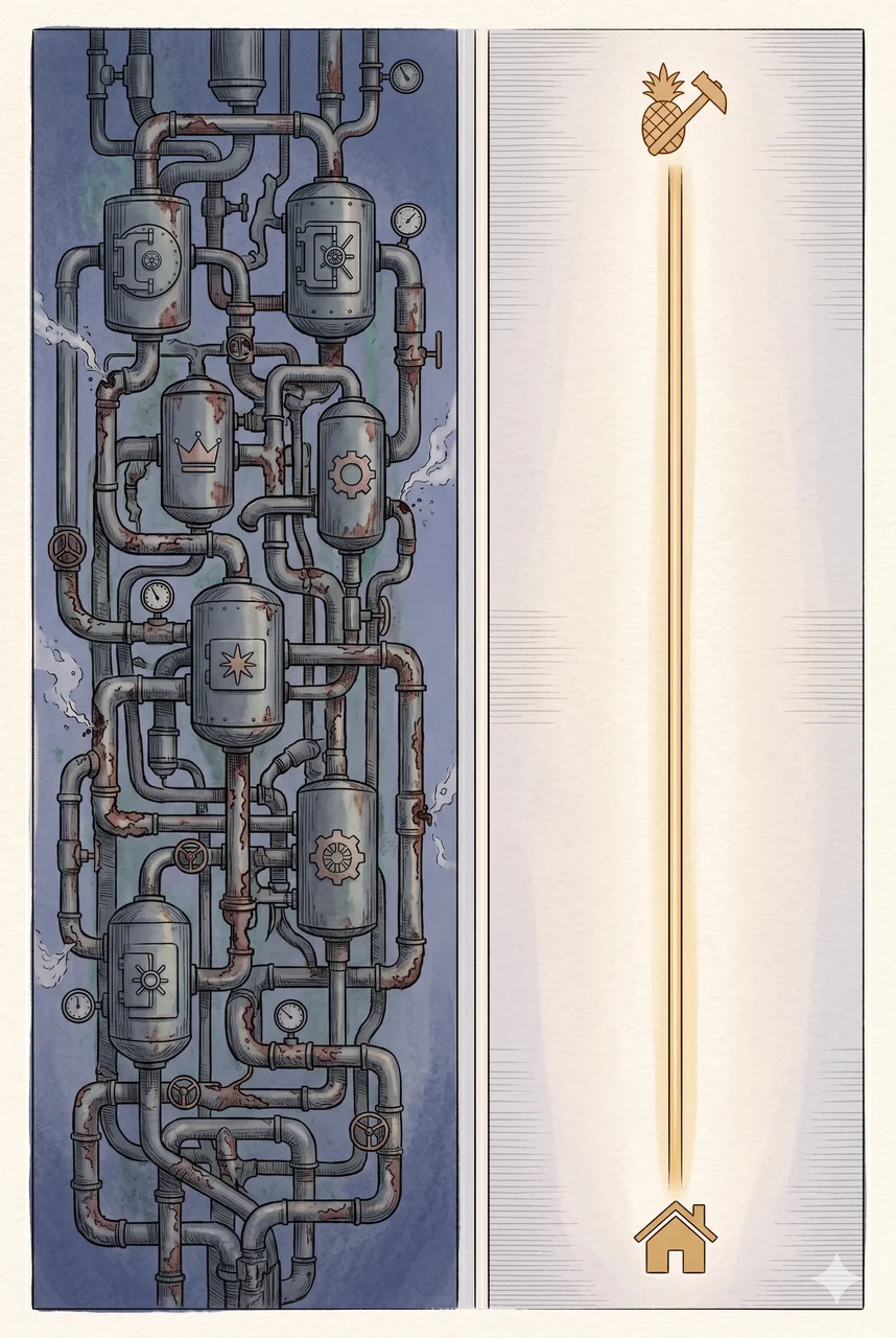 Vertical composition of two parallel conduit networks against a deep midnight indigo backdrop, the left network labelled with derivative-shaped nodes and corporate silhouettes dimming and fading downward, the right network glowing with a warm luminous flow that branches directly to small farmer and manufacturer silhouettes at the lower edge, suggesting a migration from intermediary plumbing to producer-to-consumer pathways