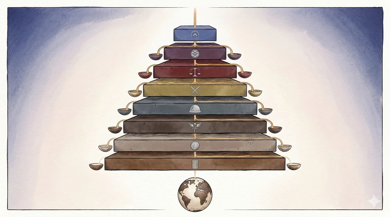 Stylized horizontal composition of an eight-tier pyramid against a deep midnight indigo backdrop, each tier from top to bottom carrying faint symbols for UN-BIS, ANNA, the Federal Reserve, military insignia, corporate logos, treasury, front-end banks, and consumers, with thin descending conduits between tiers and small metallic droplets being skimmed off at each interface, suggesting incremental extraction at every level