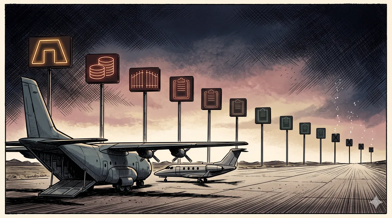 Stylized horizontal composition of abstract military aircraft silhouettes arranged on a deep midnight indigo airport apron, with a horizon line behind them carrying a row of faded neon signs reading toward a vanishing point, the neon glow visibly dimming from bright at the foreground to extinguished at the far edge, suggesting bunker entrances that never lead anywhere