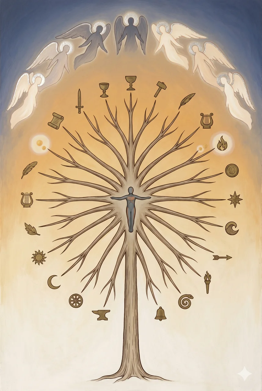 Vertical composition of an abstract branching tree silhouette against a deep midnight indigo backdrop, with 21 nodes arranged along its branches representing the Parents, one branch carrying a paired twin symbol marked as Cassandra, other branches carrying small dynastic crest silhouettes for Rothschild, Li, Bauer, and Mandela, with a circular ring of nine indistinct figures hovering above the canopy representing the Council of 9