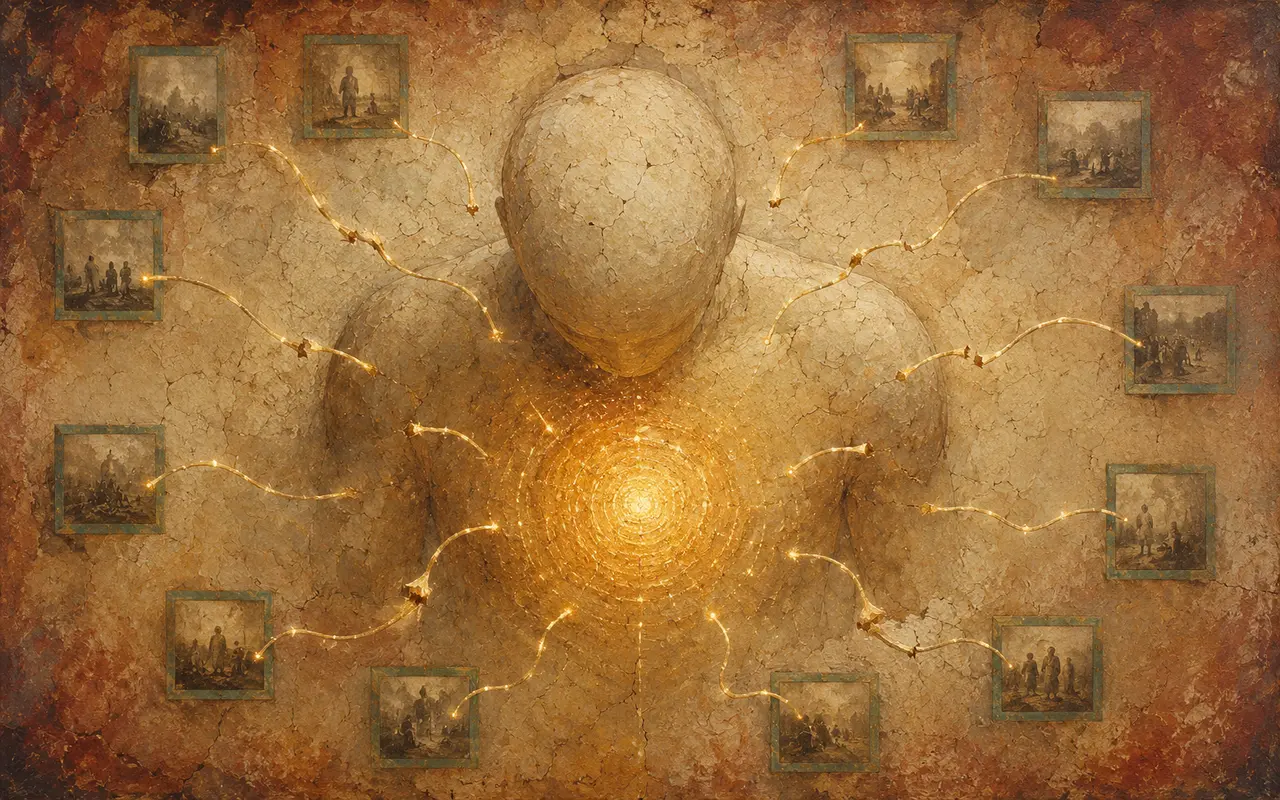 A human chest viewed from above with concentrated sparks of light at the heart area, with severed lines extending toward distant photographic signatures
