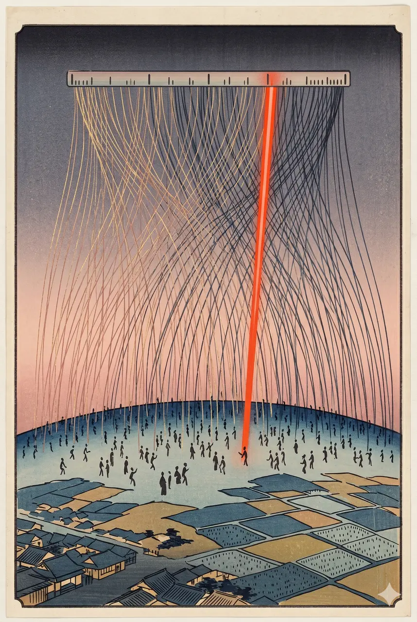 Threads of light and dark energy rising from human figures on Earth into a meter above, with a single bright pillar rising from one figure