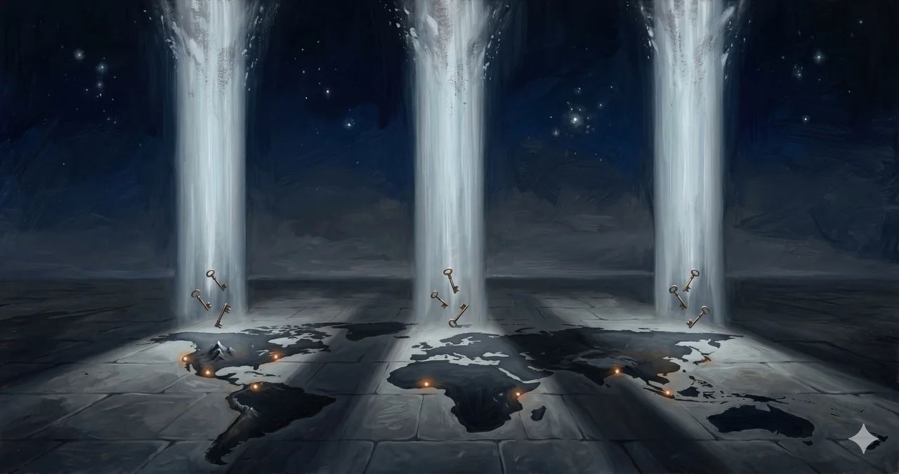 Three columns of light descending from a night sky toward four marked points on Earth, with small keys falling at the base of each column