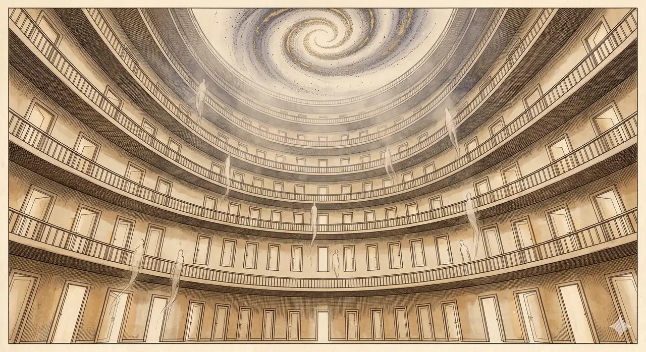 Looking up from the lobby of an immense central vestibule with countless balconies and doors stretching to nine floors above