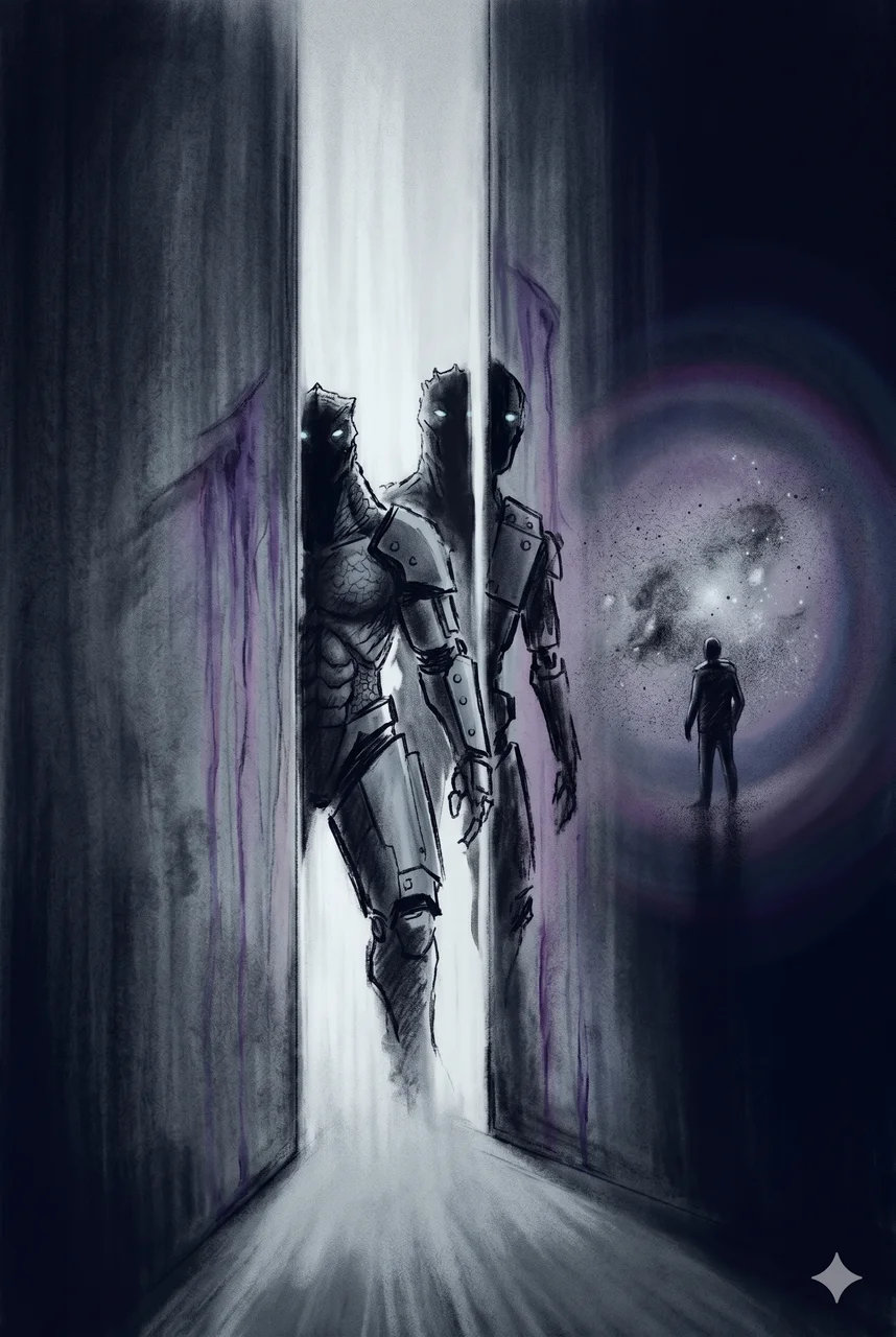 A corridor opening reveals reptilian-cyborg silhouettes in the foreground, with a remote-view figure observing from a distant nebula