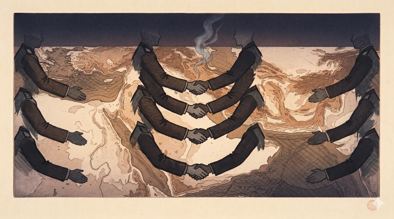 Multiple operative silhouettes from both sides of a stylized Middle East map extending hands forming identical handshakes with each other, with no opposing figure