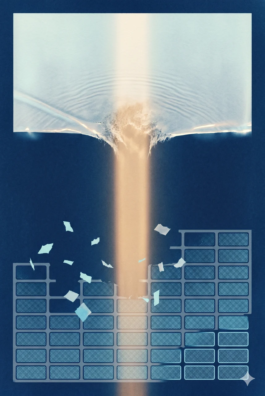 A thin non-physical layer above the physical plane being pierced by a vertical operational beam of light from below, with a faintly disintegrating AI lattice in the lower portion