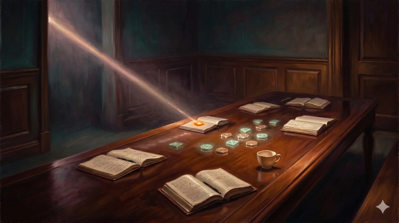 A small unexpected ray of light arriving from the night sky and settling silently on a quiet command table, an asset placed where it was needed