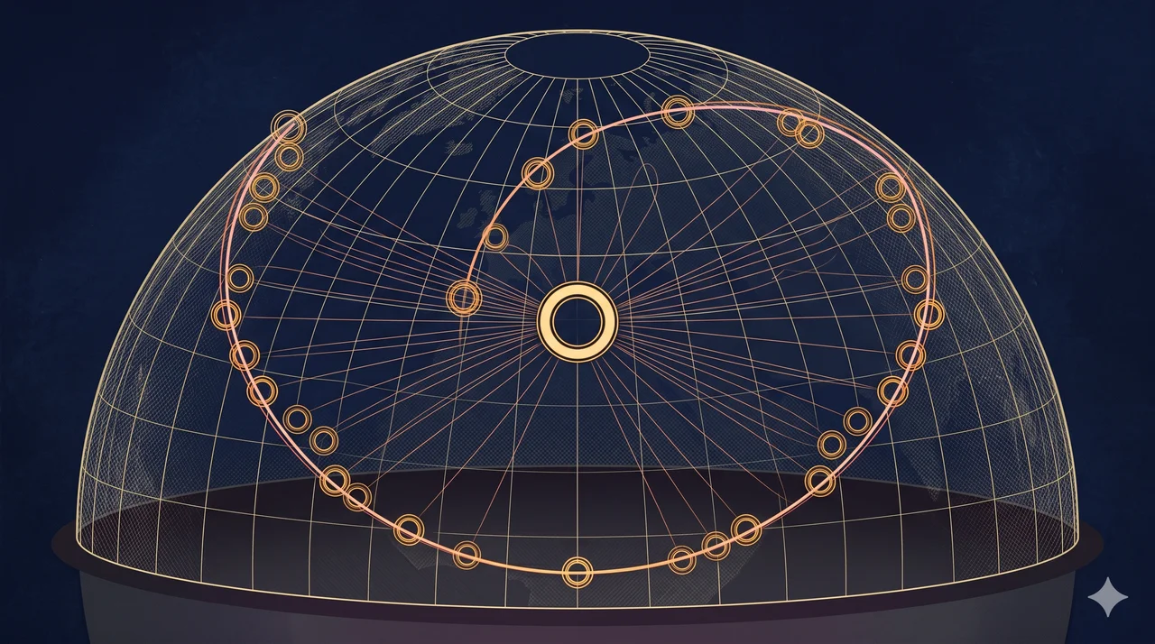 World map with Austria marked at the center of a large great circle passing through Portugal, Norway, Russia, and Kazakhstan, with thirty-two facility points distributed at intervals along the outer ring and faint radial lines drawn from each point back to the center