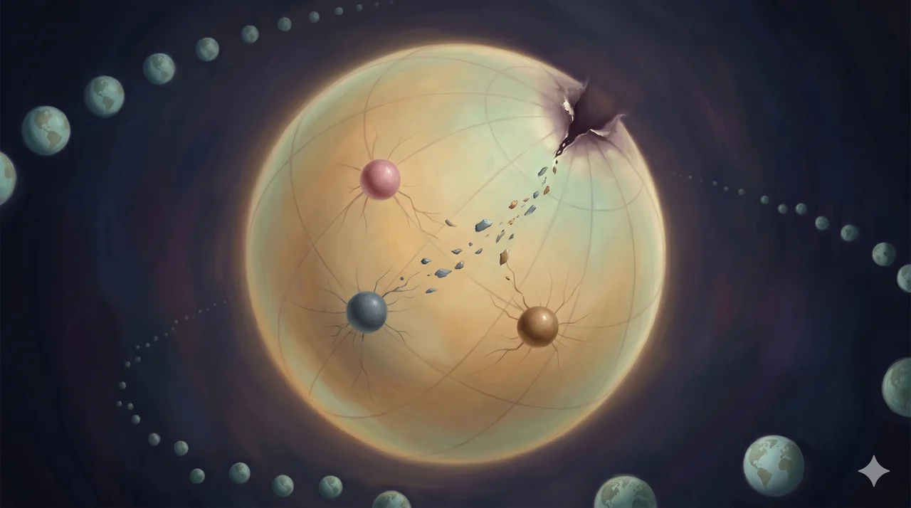 Symbolic cosmological diagram showing a hole pierced through the boundary of ALL THAT IS, with fragments of space junk implanted around three counterfeit centers labeled Fake Source, Fake Neutral Source, and Fake Anti-Source, while the wider Gilgamesh Universe outside is filled with rows of identical shadow earths
