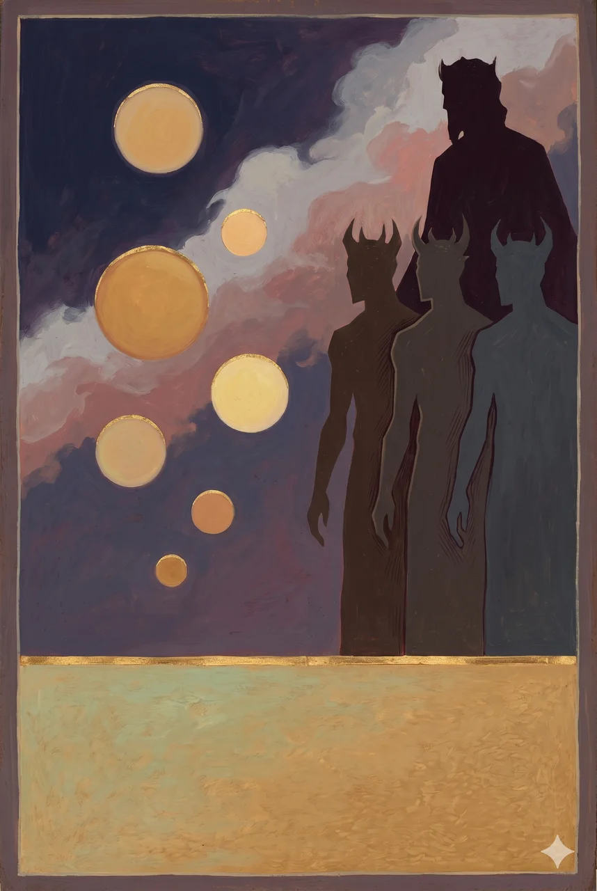 Vertical symbolic composition of floating balls of light arrayed against towering demon-like figures in an upper celestial space, with a much taller leader entity standing behind the demon ranks and Source's position glowing faintly above the conflict