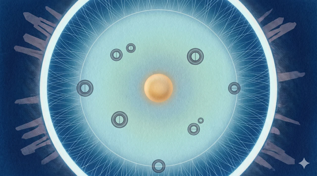 Symbolic horizontal composition of a luminous shield ringing the Oort Belt at the outer boundary of the solar system, with sealed dark portals visible on the inner side and the faint outlines of Destroyer beings dispersing on the outer side