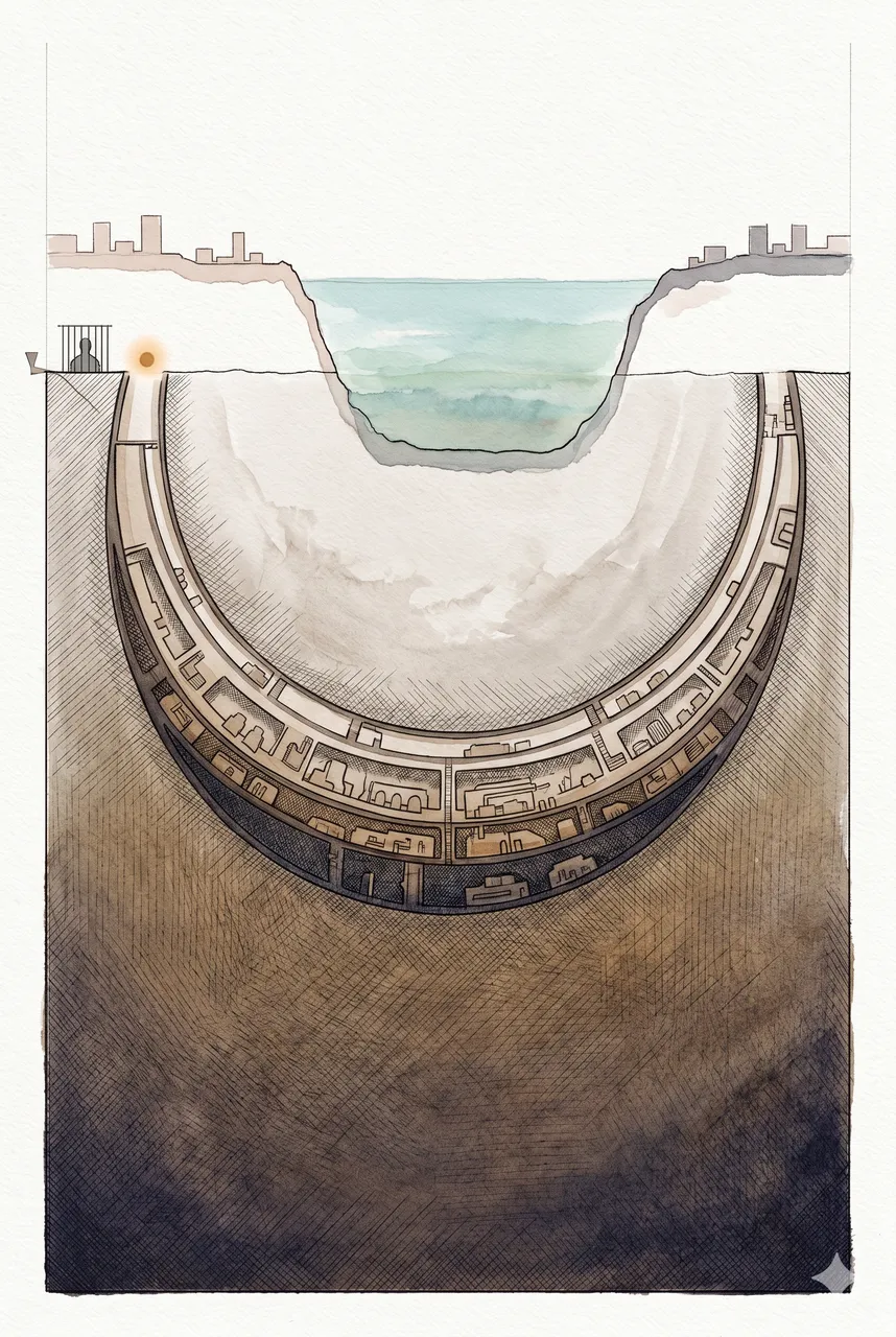 Cross-section diagram showing the crescent-shaped underground facility extending from beneath Damascus, beneath the Mediterranean Sea, and continuing to Cyprus, with the deepest entry marked near Tishrin Dam in northern Syria