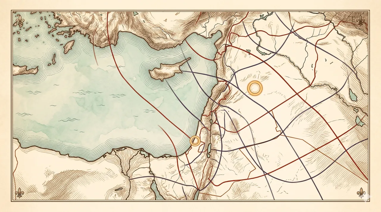 World map with overlay lines marking Order of the Black Sun and Order of the Dragon territorial divisions, with two portal symbols highlighted over Syria and Israel where the boundary layers meet
