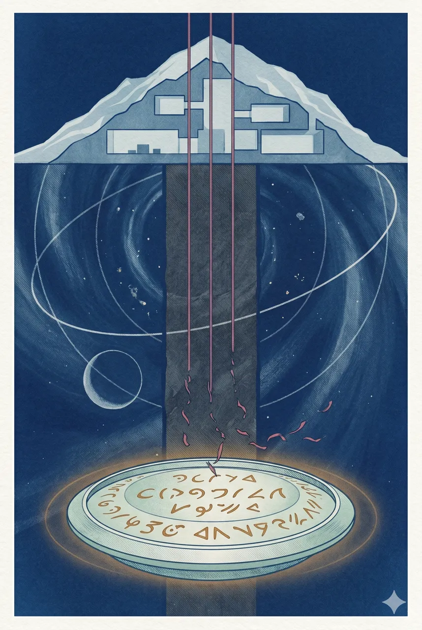 Device of a creation translator underneath a stylized cross-section of Cheyenne Mountain, with attempted instruction lines from above failing to connect because the translator now displays a changed language