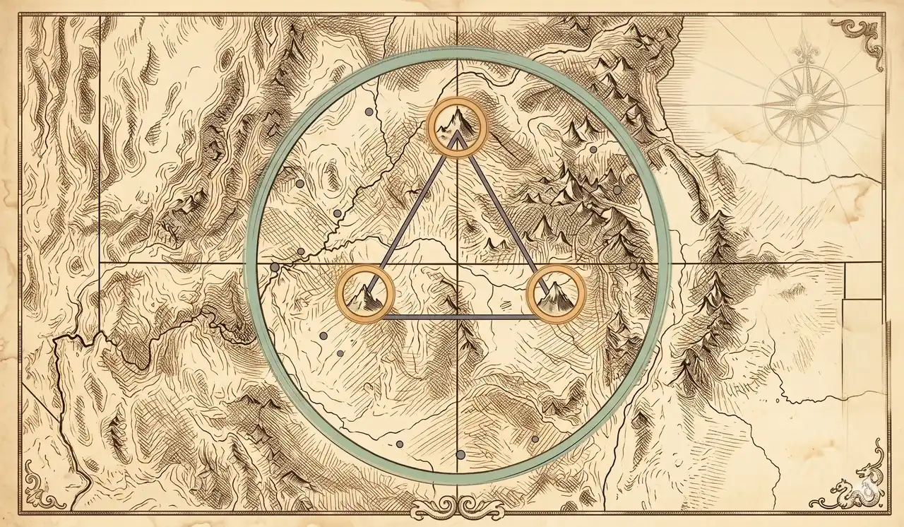Stylized topographic map of the Cortez-Dulce-Durango triangle with three mountains marked by portal symbols, an outer circle of connected energy, and dots indicating space junk filling the enclosed area
