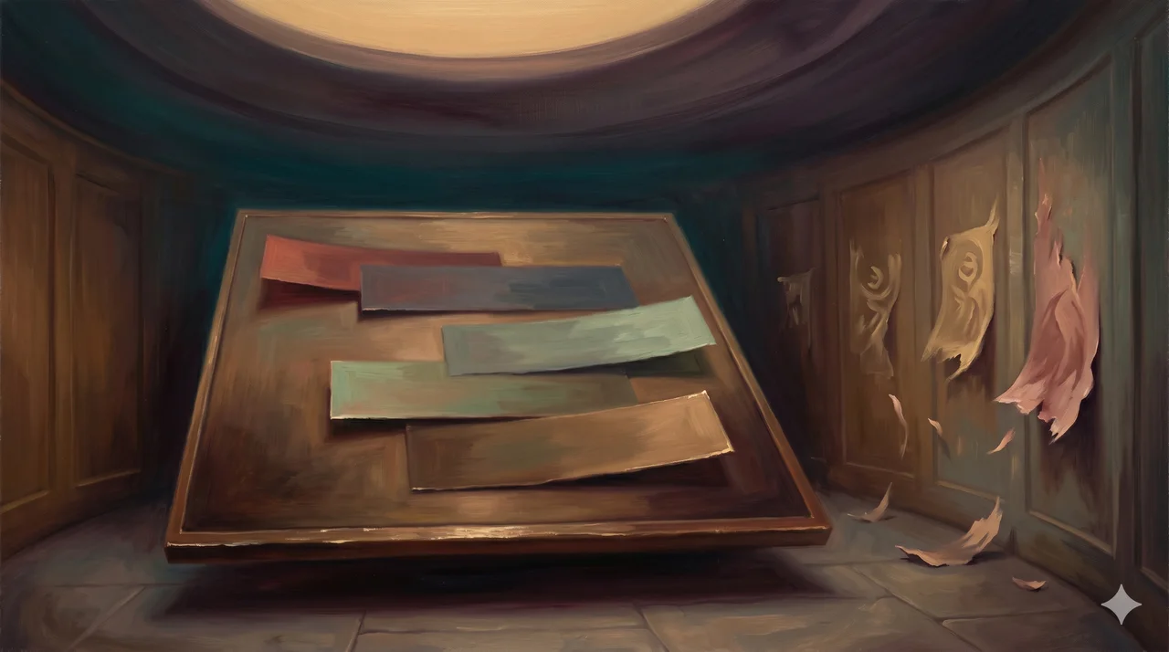 Ledger surface in a vault rendering rotating messages where text would be, just abstract banner shapes with no actual letters, overlaid on a backdrop of Trump-aligned Golden Age memes faintly peeling away
