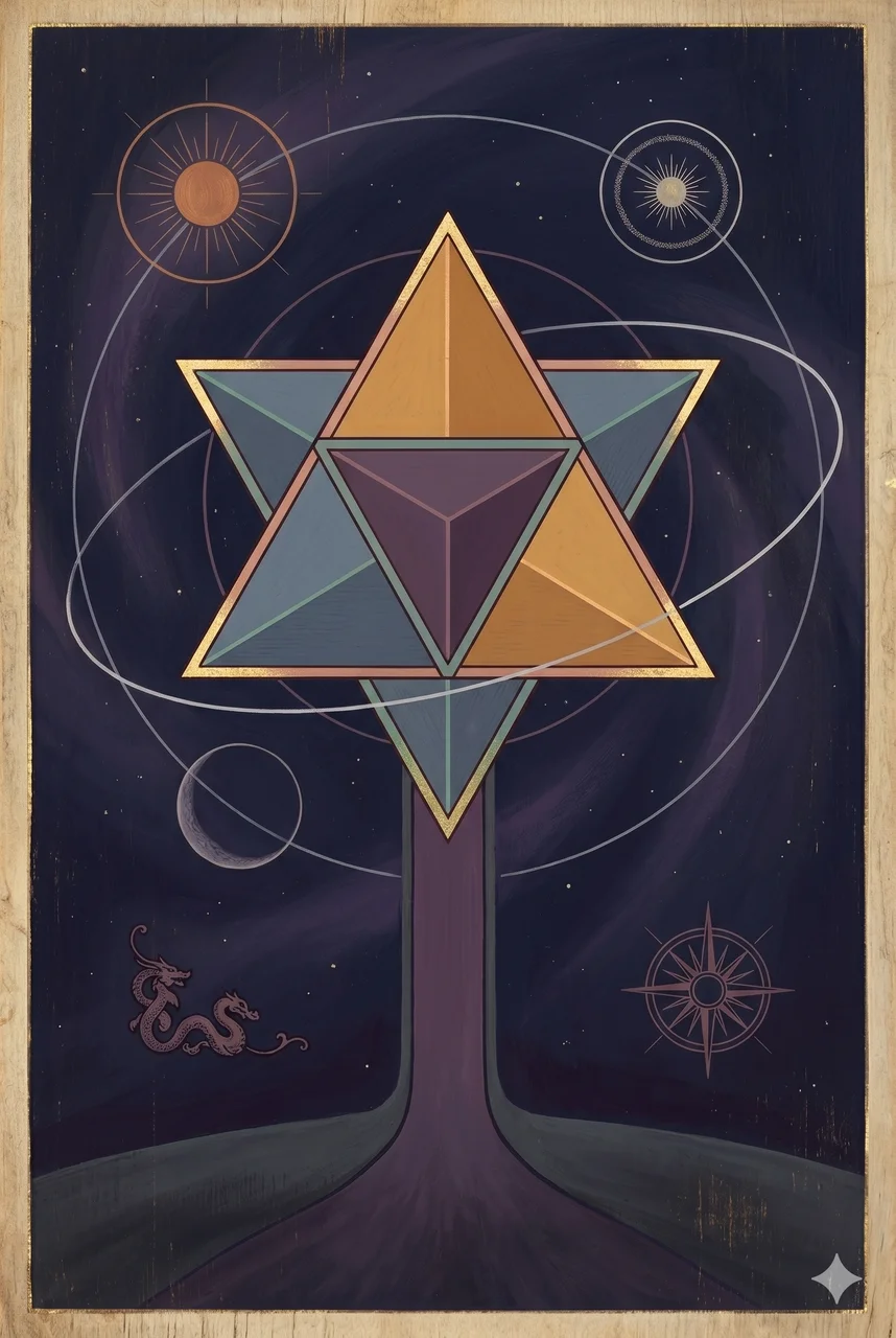 Symbolic Merkabah of two interlocking triangles with a vertical channel descending from the center toward a dim lower realm, with faint orbital traces around it suggesting placements at the Kuiper Belt, galaxy, moon, and sun