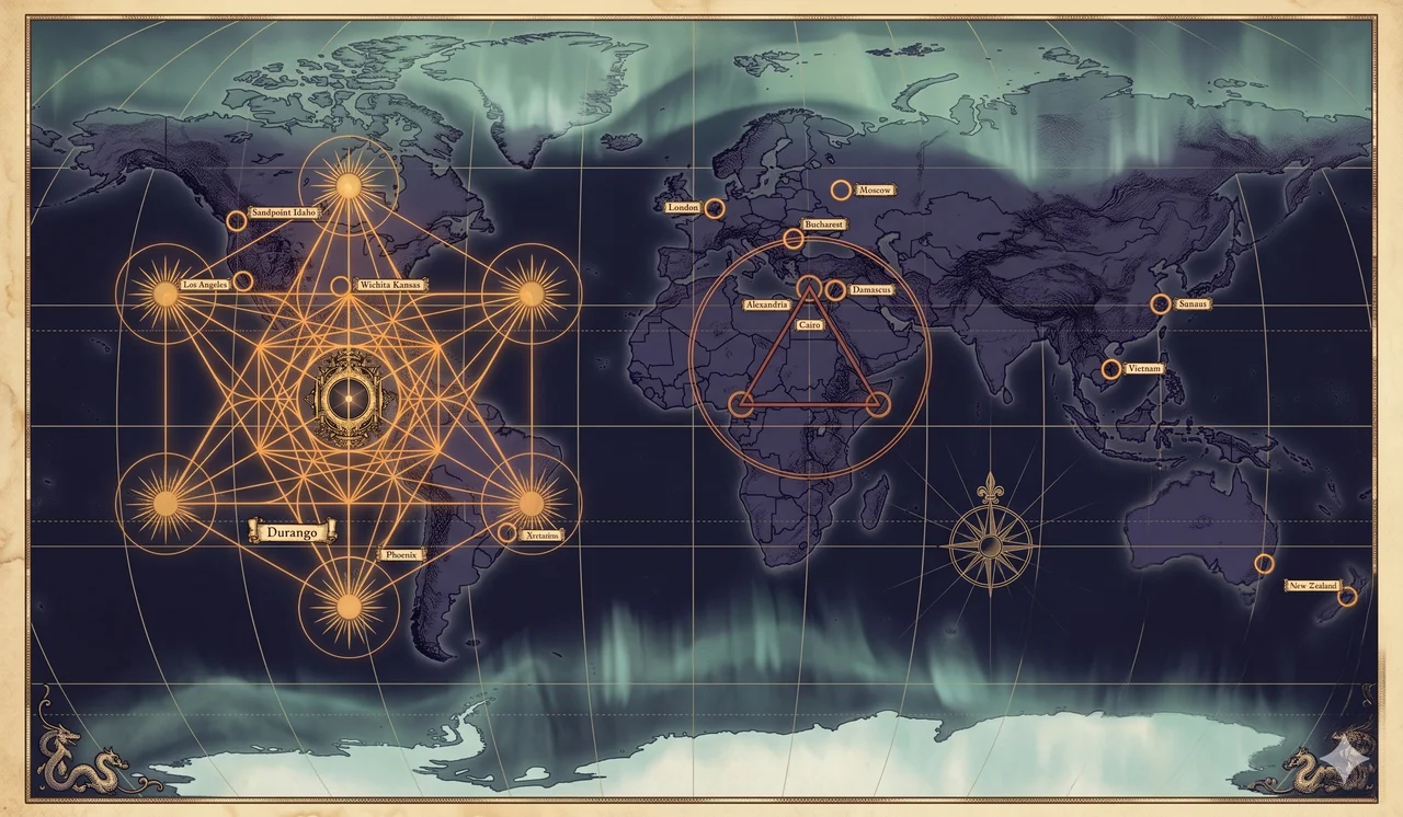 World map showing Metatron cubes covering two-thirds of the US from Durango, plus the Damascus-Cairo Syrian triangle and an Arctic-Antarctica overlay extending toward 10-degree latitude bands above and below the equator