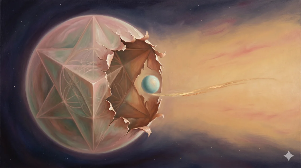 Holographic replica universe peeling away on the outside while inside an actual creation safety zone Earth quietly relocates, the Merkabah-shaped hologram shell remaining as an empty outline