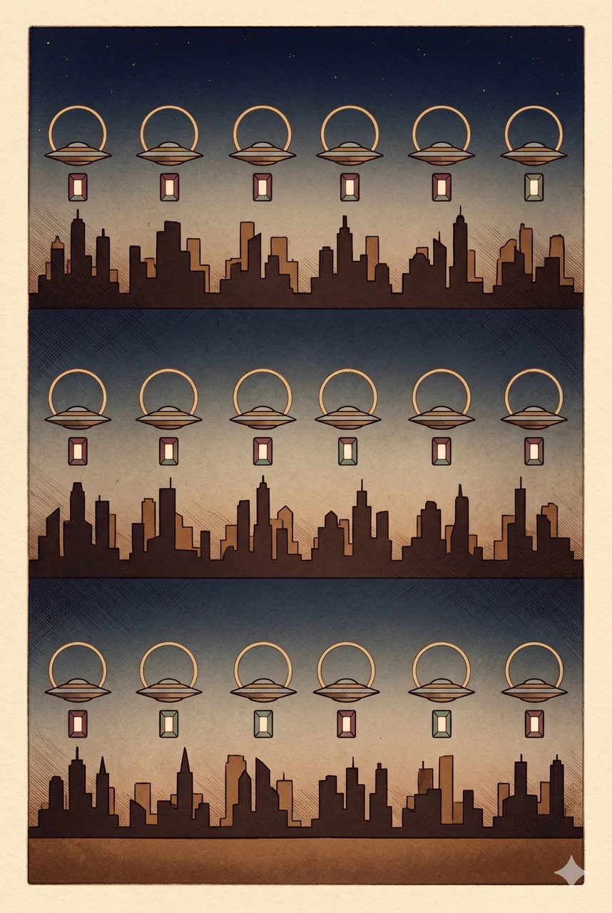 24 alien-inspired flying machines distributed across 24 world cities, each shown with a consciousness link circle above and a fuel chamber requiring Cobalt 935 below