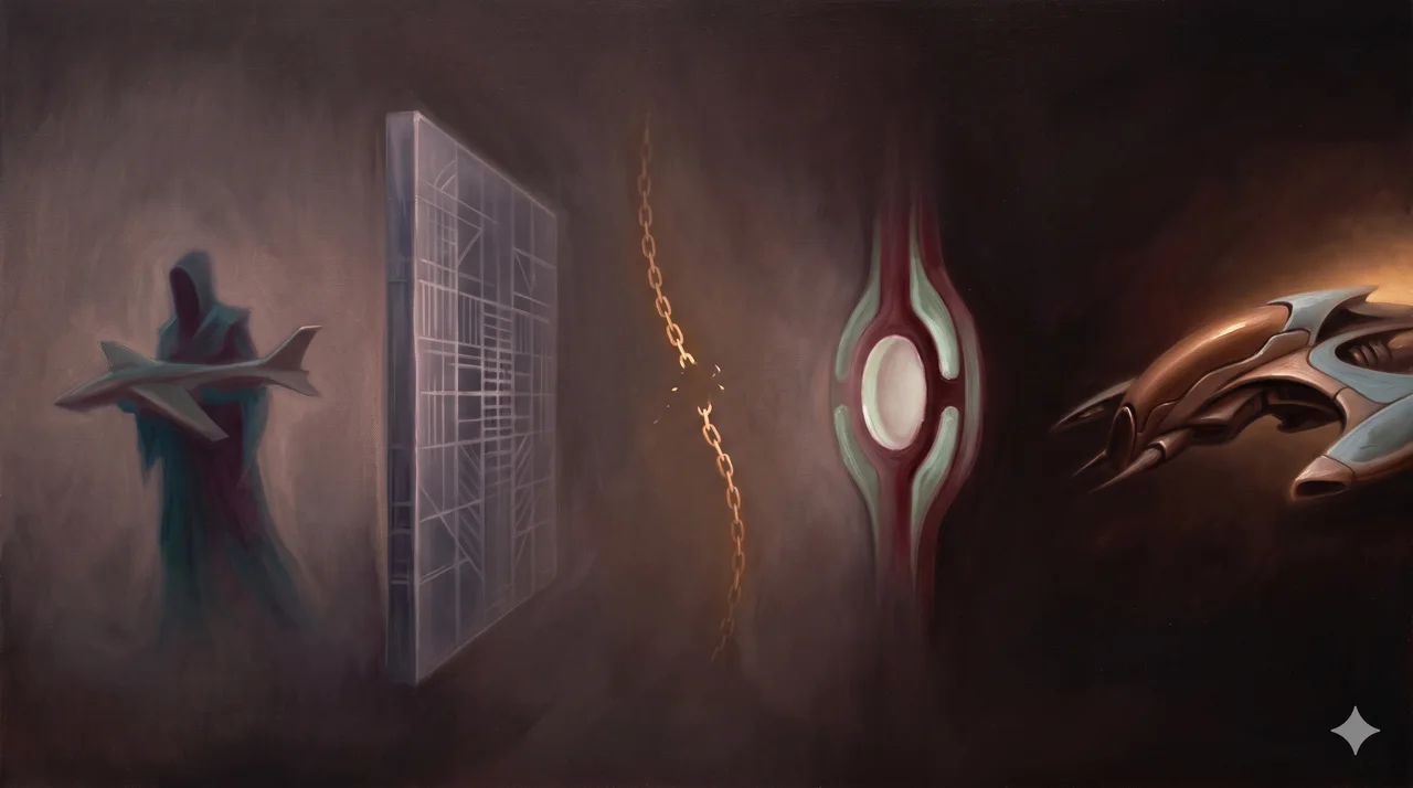 Four symbolic barriers blocking access to a flying machine: missing fuel chamber, severed consciousness connection line, DNA security wall, and the Enforcer carrying machines away