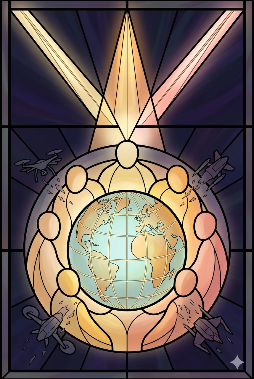 Earth quietly guarded by benevolent non-human beings forming a perimeter, drones and machines fading through the boundary, framed by the triple light of winter solstice, Christmas, and Hanukkah converging at one point