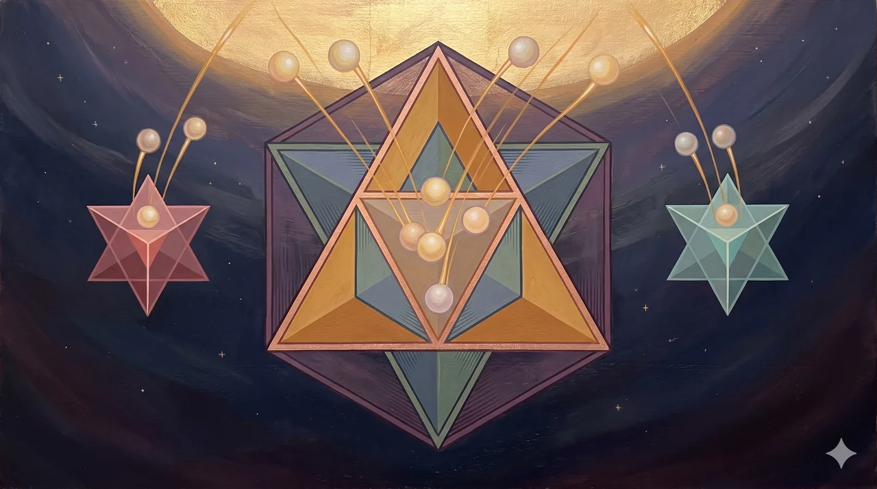 Outer Metatron cube layer with Black Magician fading away while inner triangle releases original progenitors ascending toward Source, additional celestials rising from artificial Source point and Neutral Source central point