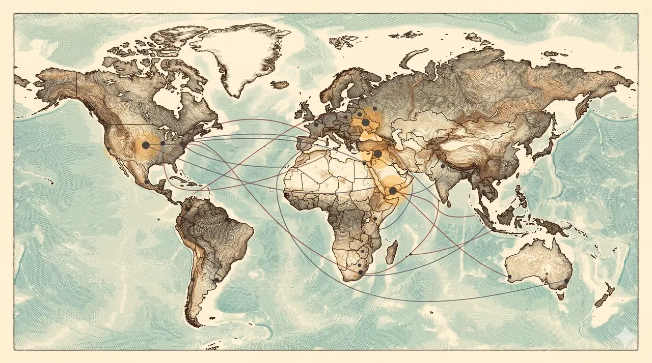 Stylized world map with hidden head-of-state shadow points distributed across multiple countries, Syria, Ukraine, Yemen, and the US emphasized, chaotic crossing lines suggesting Duck Dynasty style