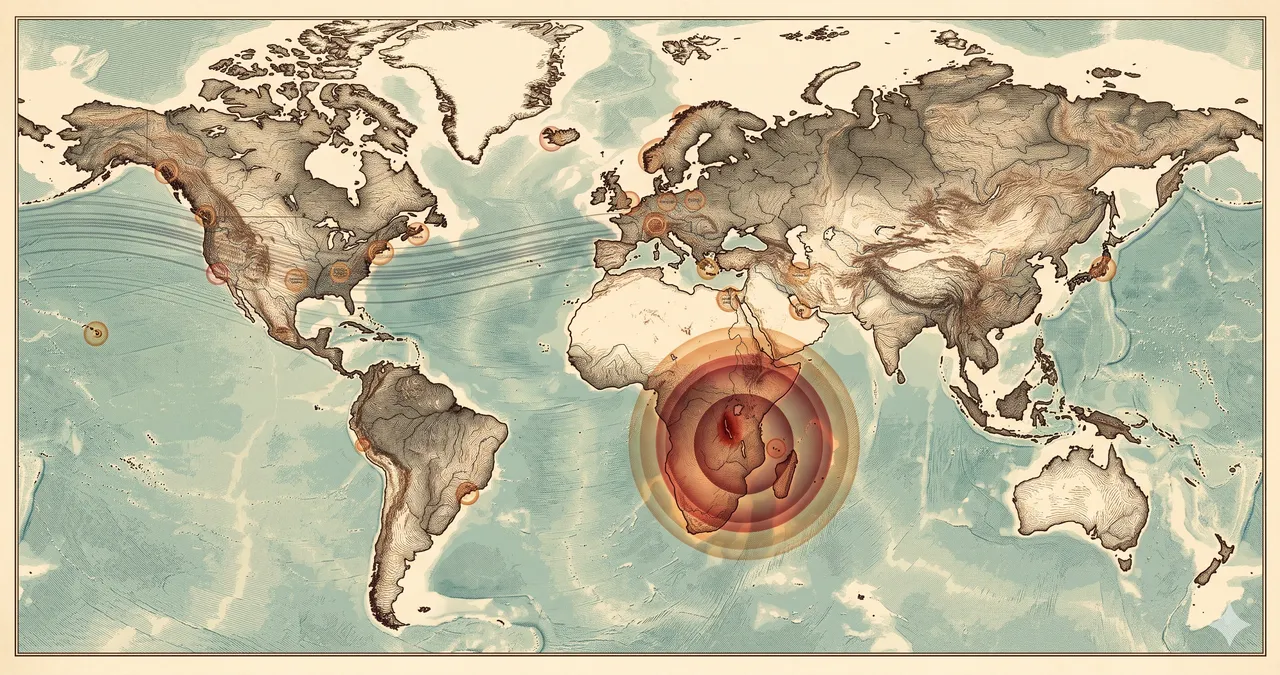 Lake Tanganyika and Mahale Mountain pulsing with Disease X facilities and 25 sites scattered across a world map, with chemtrails covering the US East Coast in heavy bands