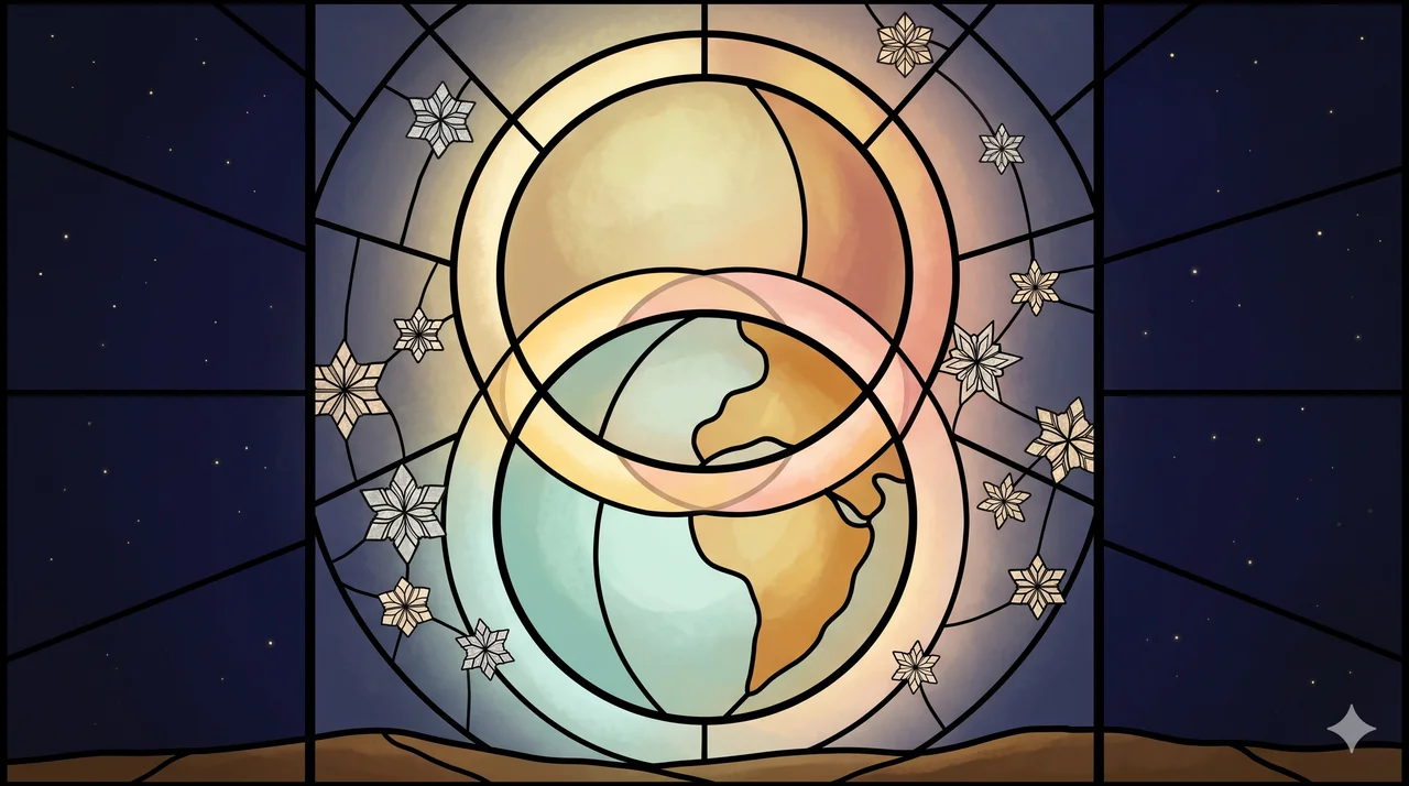Earth and Source overlapping as a pregnant woman analogy under a night sky, with Christmas crystalline energy descending gently and celestial silhouettes anchoring light on either side