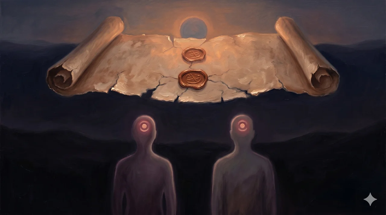 Two human hybrids connected to ALLES through chips in their heads, with a scroll of the 2,016-year double-down agreement in the background and the dark Winter Solstice sun overhead
