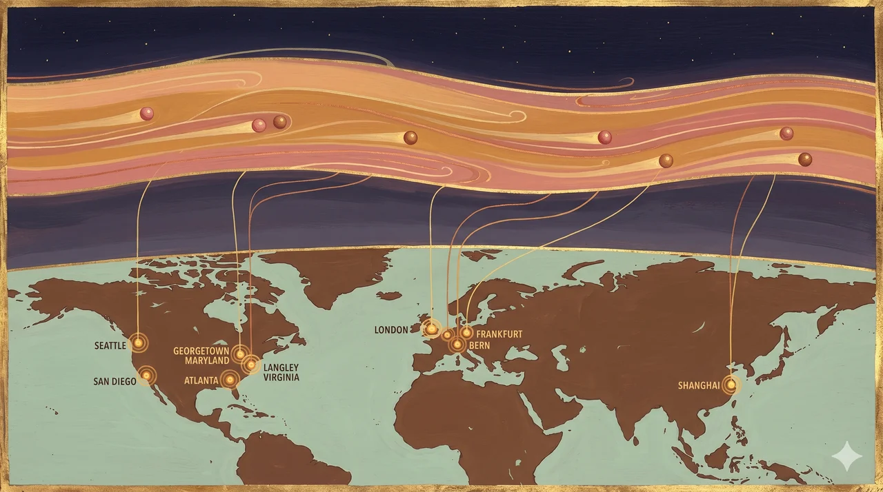 Time flowing as a Jetstream with ALLES creating events the day after they happen, nine SSP portals glowing on a world map across Georgetown, Langley, London, Seattle, San Diego, Atlanta, Bern, Shanghai and Frankfurt, with the shadow of Kim's team caught in a hamster wheel