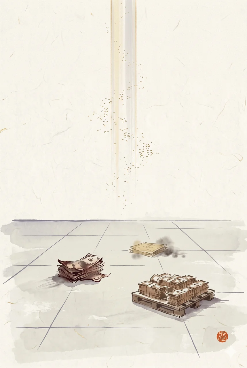 A garage of dinar stacks above, bonds piled like crumbling paper below, pallets of cash stacked like an immovable block at the base, with broken Nesara/Gesara promissory notes and the faint shadow of a Trump administration silhouette behind, and the line 'the financial system has changed' written in soft light at the deepest layer