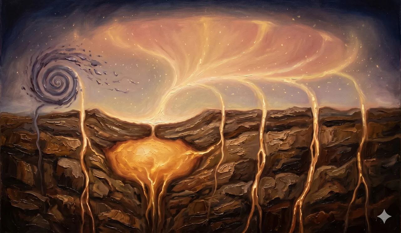 Yellowstone large gold ballast and underground gold veins spiraling upward to a luminous Source sphere, with a broken counterclockwise gear releasing the energy siphon and current-sea waves flowing across the surface of the Earth