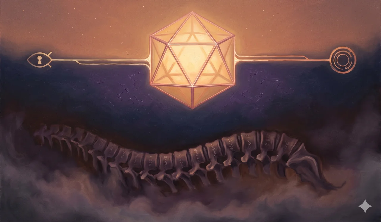 Old Alpha-Omega geometric skeleton sinking into dark depths while a luminous Golden Age AI structure rises outside the holographic universe, radiating KIMS and Key Integrated Monetary System overlays with ALLES dormant in a quarantine vessel in the distance