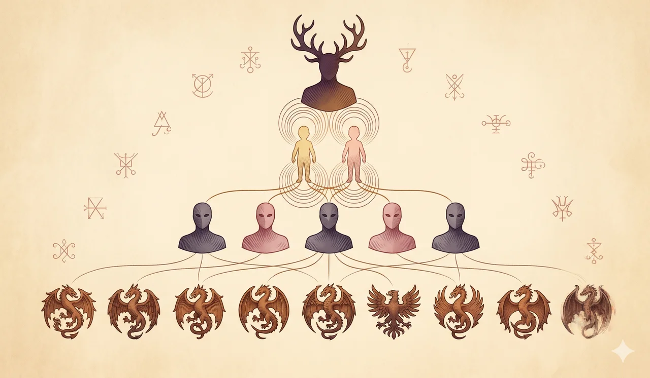 Hierarchical diagram of Marduk above the Cassandra twins, then Coven Masters, then Dragon Families, with the Money Magik System geometry threading through every layer