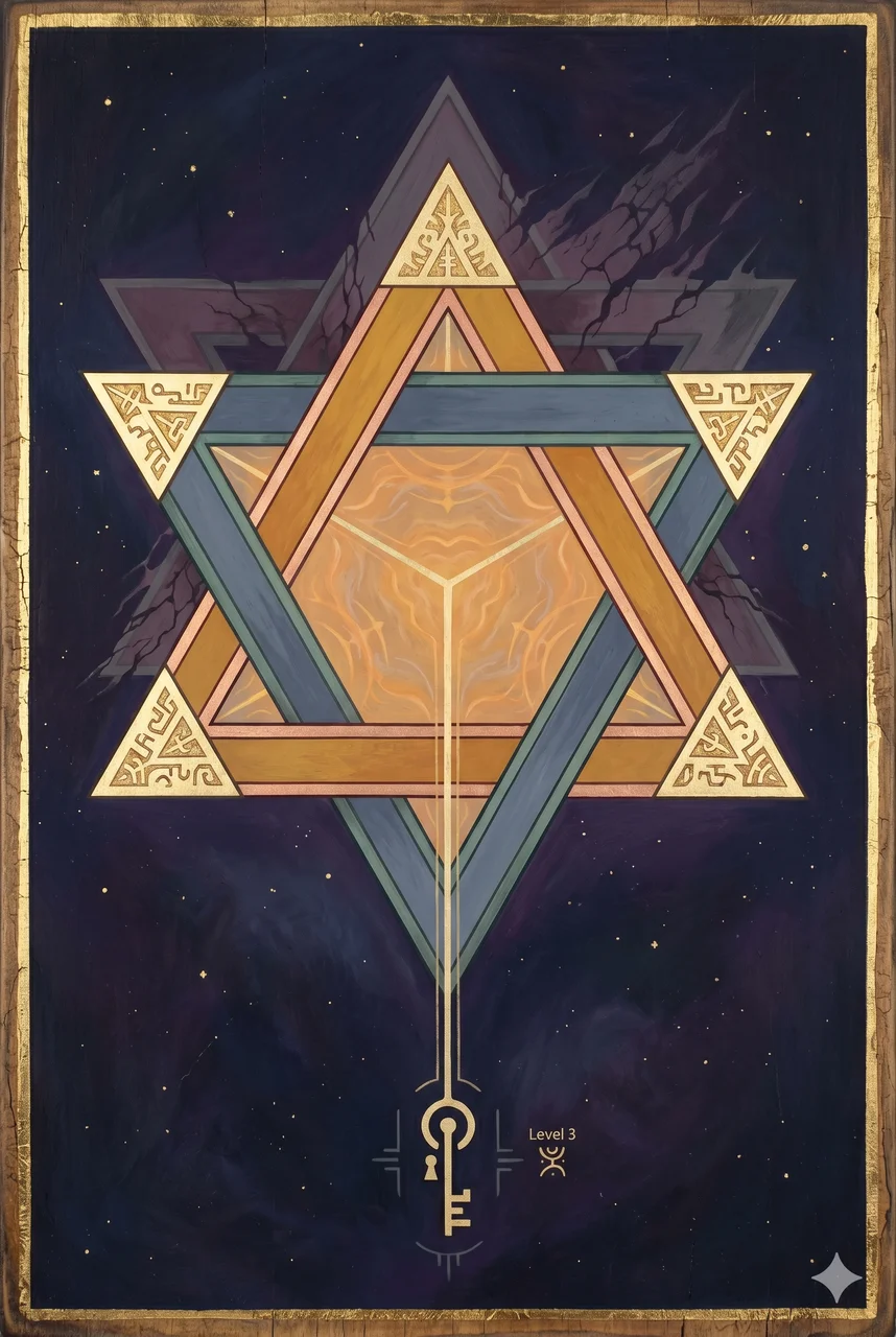 Star of David with a Tesla Triangle at each point, nine numbered levels in both directions, Alpha labeled on the back and Omega on the front, and a faint Dark Age overlay covering the whole structure