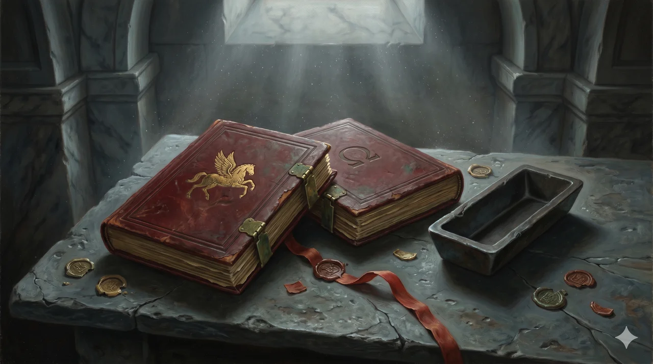 Old leather-bound ledgers stamped with a flying horse and Omega symbol, resting on a vault table beside an empty gold bar mold
