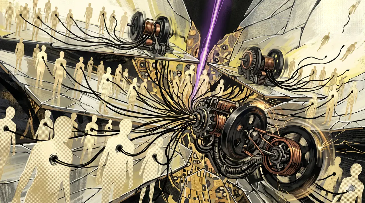 A network of glowing human silhouettes connected by dark conduits to spinning reverse-magnetic engines across a fractured multiverse landscape