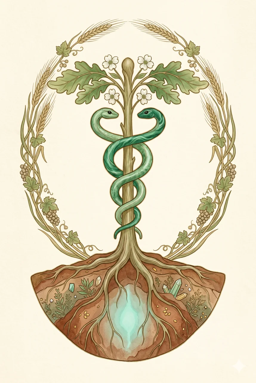 A stylized caduceus intertwined with tree roots and earth, symbolizing medical research rooted in planetary restoration