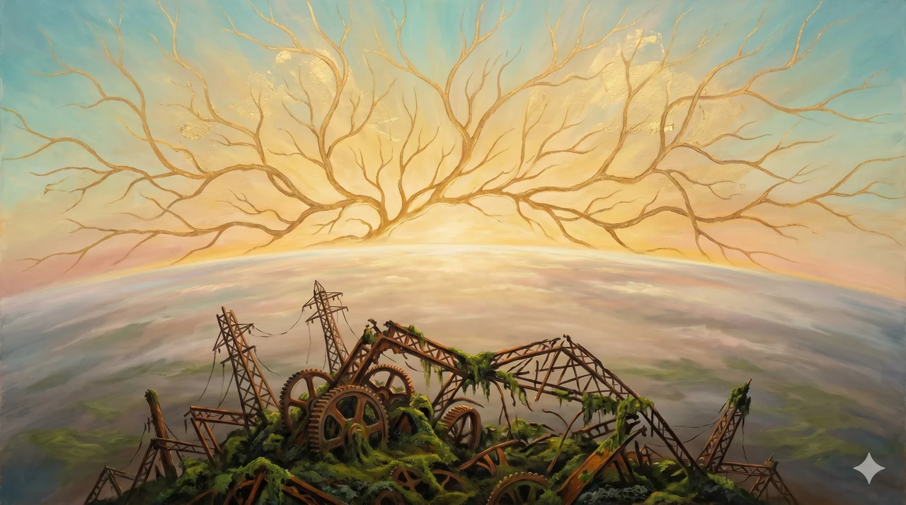 A golden circuit of light expanding outward into a sunrise over the planet, replacing a crumbling older mechanical structure below