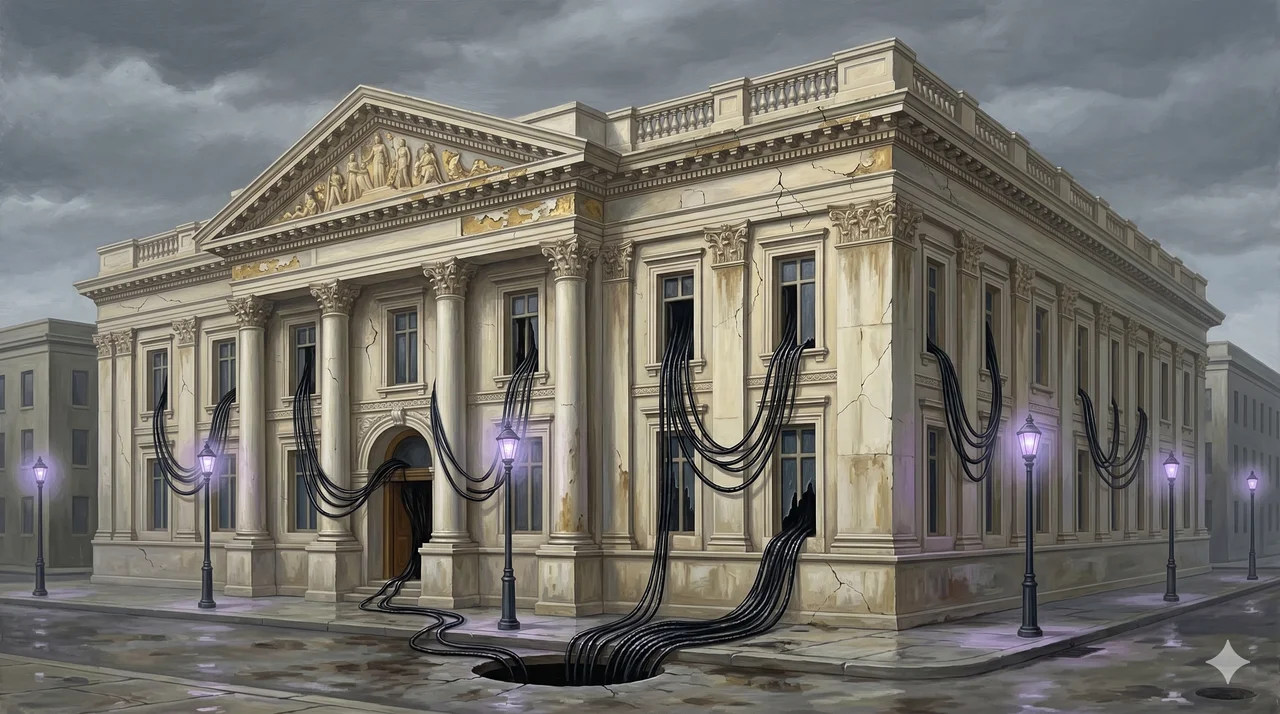 A worn government building with ornate facade, wires running from its windows downward into dark conduits beneath the street